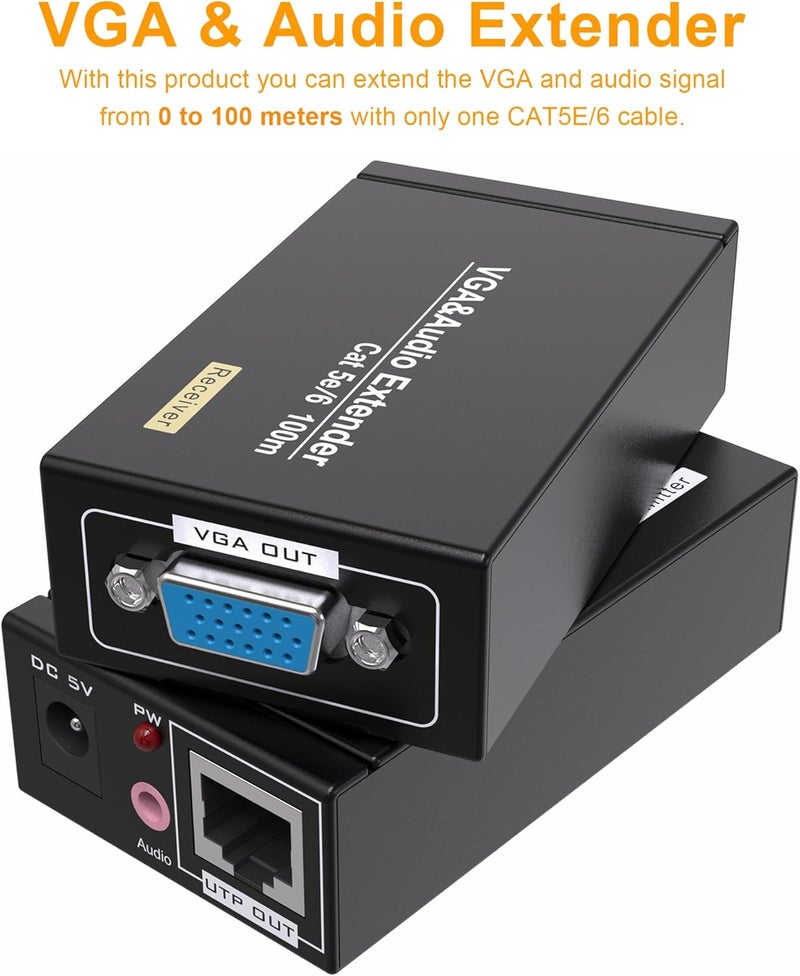 MOERISICAL موسع VGA Cat5e Cat6 300 قدم مكرر فيديو عبر كابل Ethernet، يصل إلى 100م، مرسل + مستقبل - Image 2